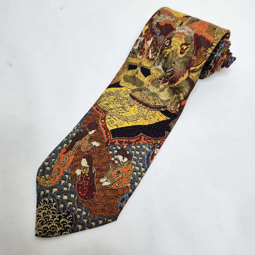 Brioni Silk Tie Asian Theme Hand Made Italy Necktie Elephant Luxury 3.75"×60.5"